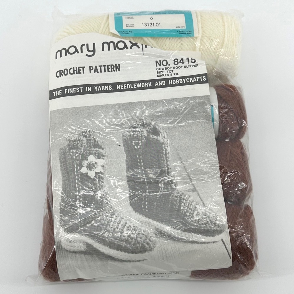 Vintage Mary Maxim Cowboy Boot Slipper Crochet Pattern Kit Brwn Cream New # 8415